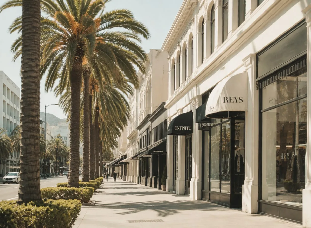 A street of boutiques lined with palm trees