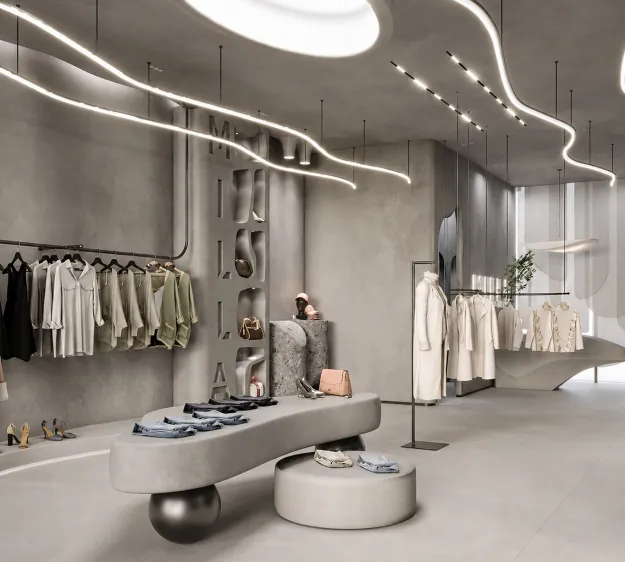 The interior of a fashion store with rails, plinths and lighting