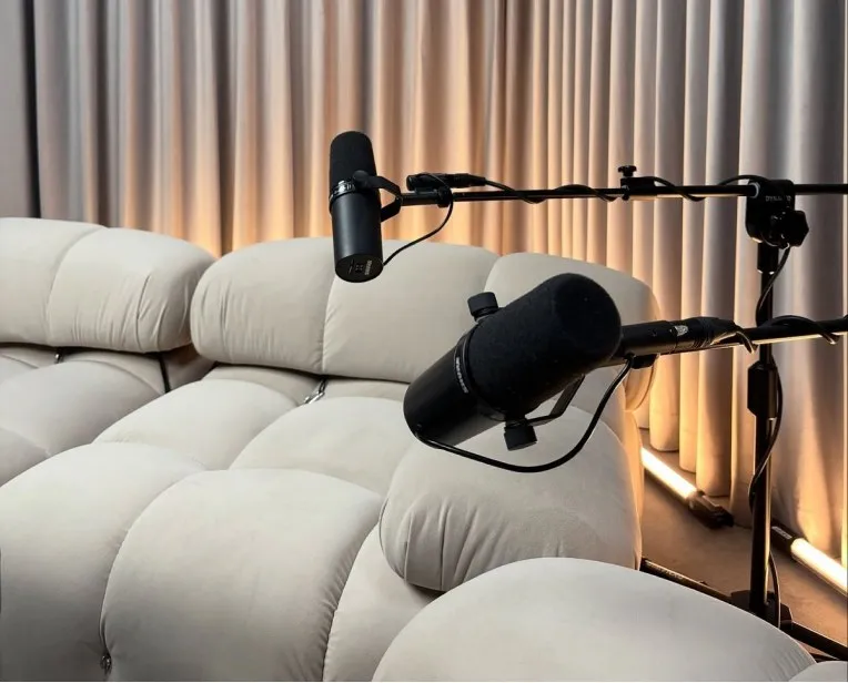 A studio with microphones ready for an interview