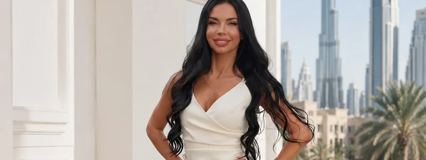 Iryna Ribeiro in a white dress against the Dubai skyline