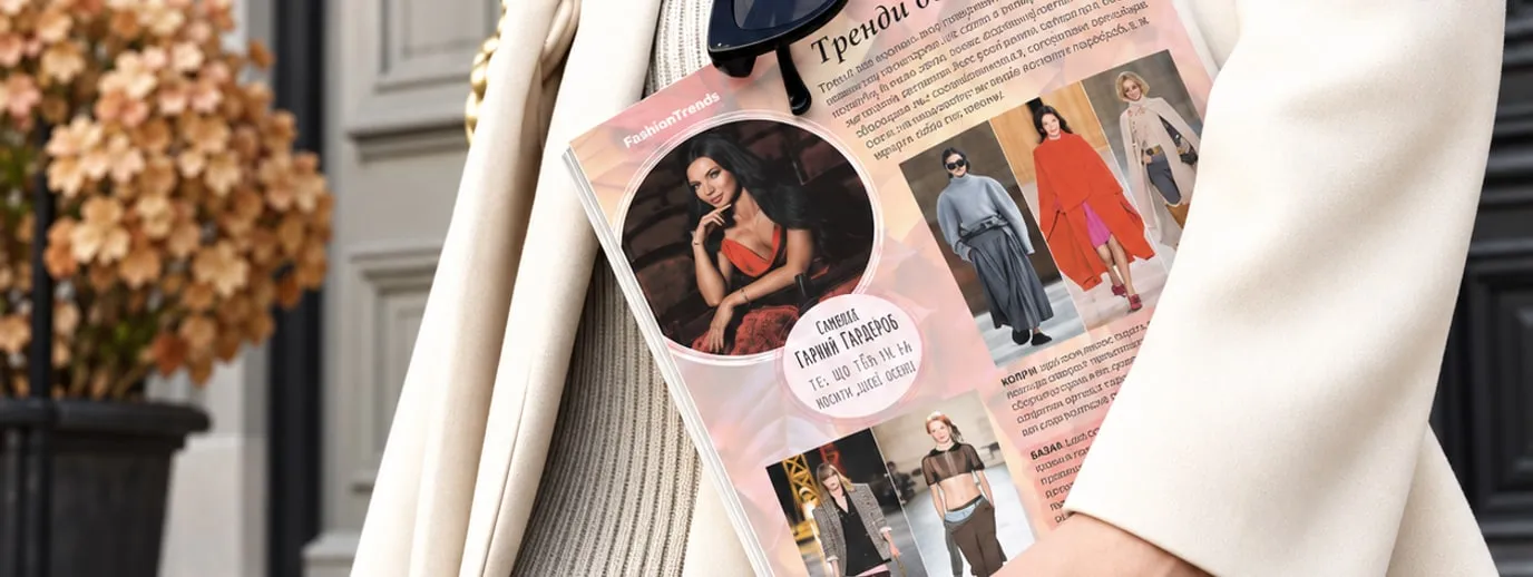 A woman in a beige coat holding a fashion magazine