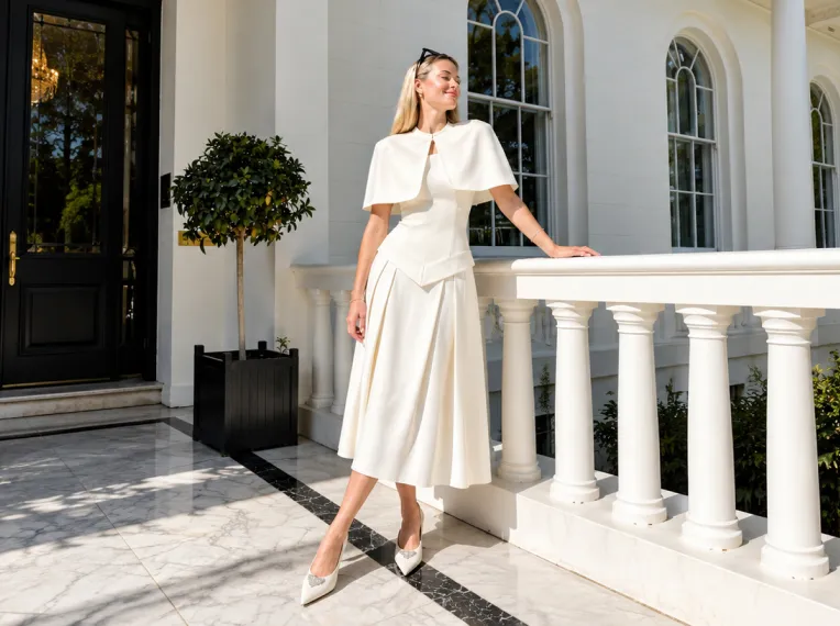 A woman in a white skirt suit and cape on a terrace with a balustrade