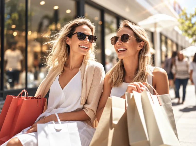 Two smiling women in sunglasses with shopping bags