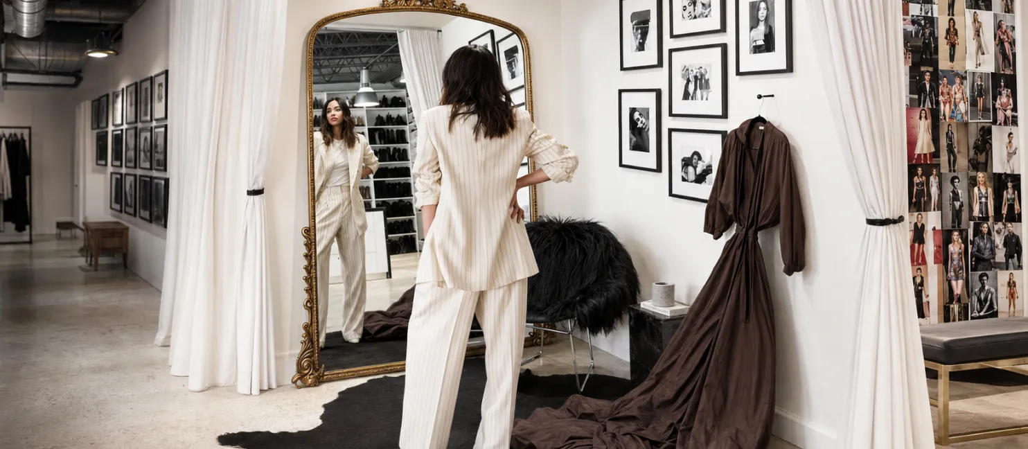 A client in a striped suit in front of a full-length mirror in a styling studio