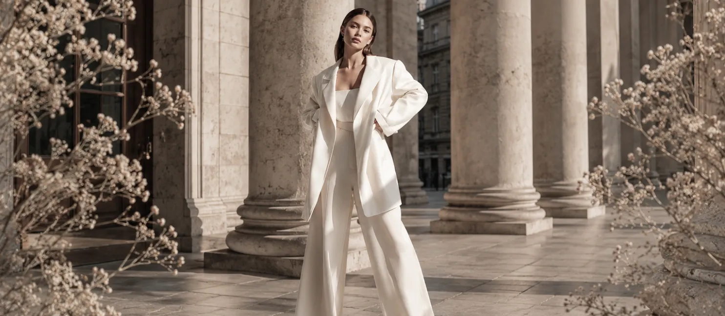 A model in a white suit photographed between stone columns