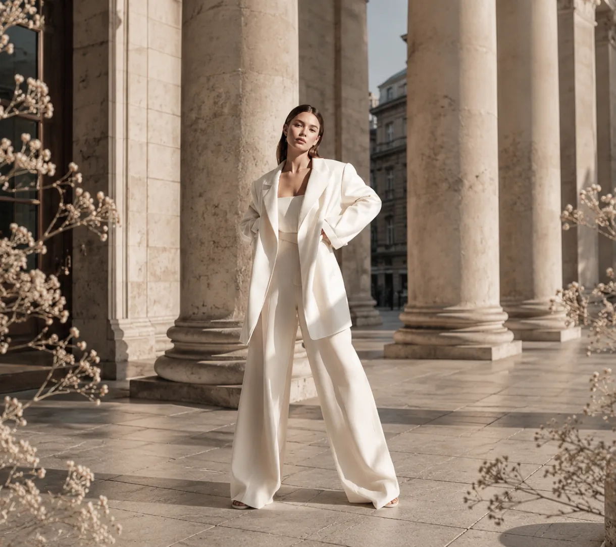 A model in a white suit photographed between stone columns