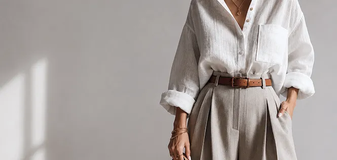 A linen shirt and pleated trousers pulled together with a leather belt