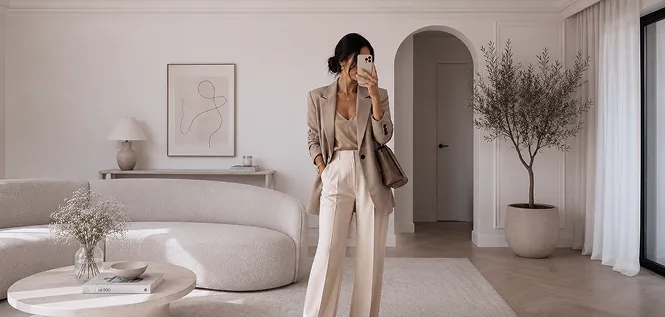 A woman in a beige suit photographing her look in a mirror at home