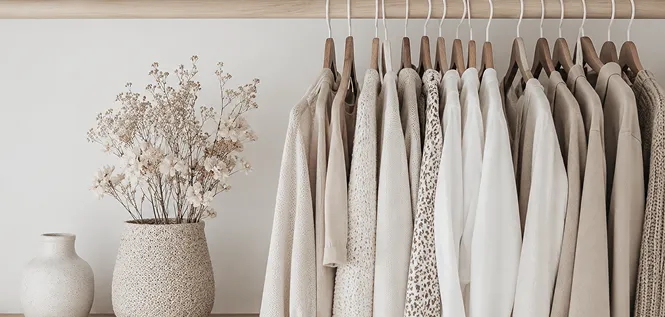 A rail of clothes in neutral shades on wooden hangers