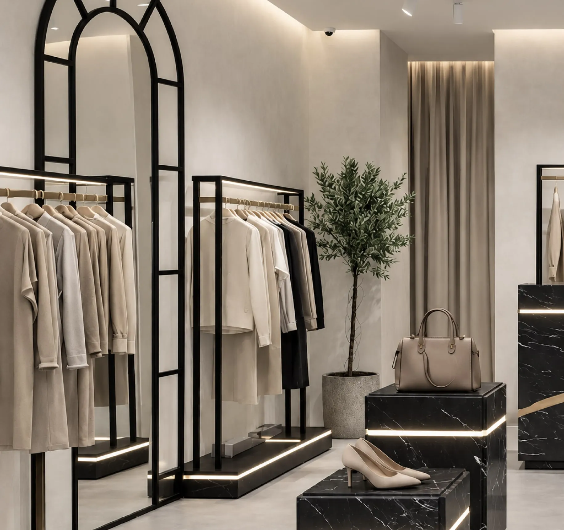 A store interior with rails of clothes, a bag and shoes on display