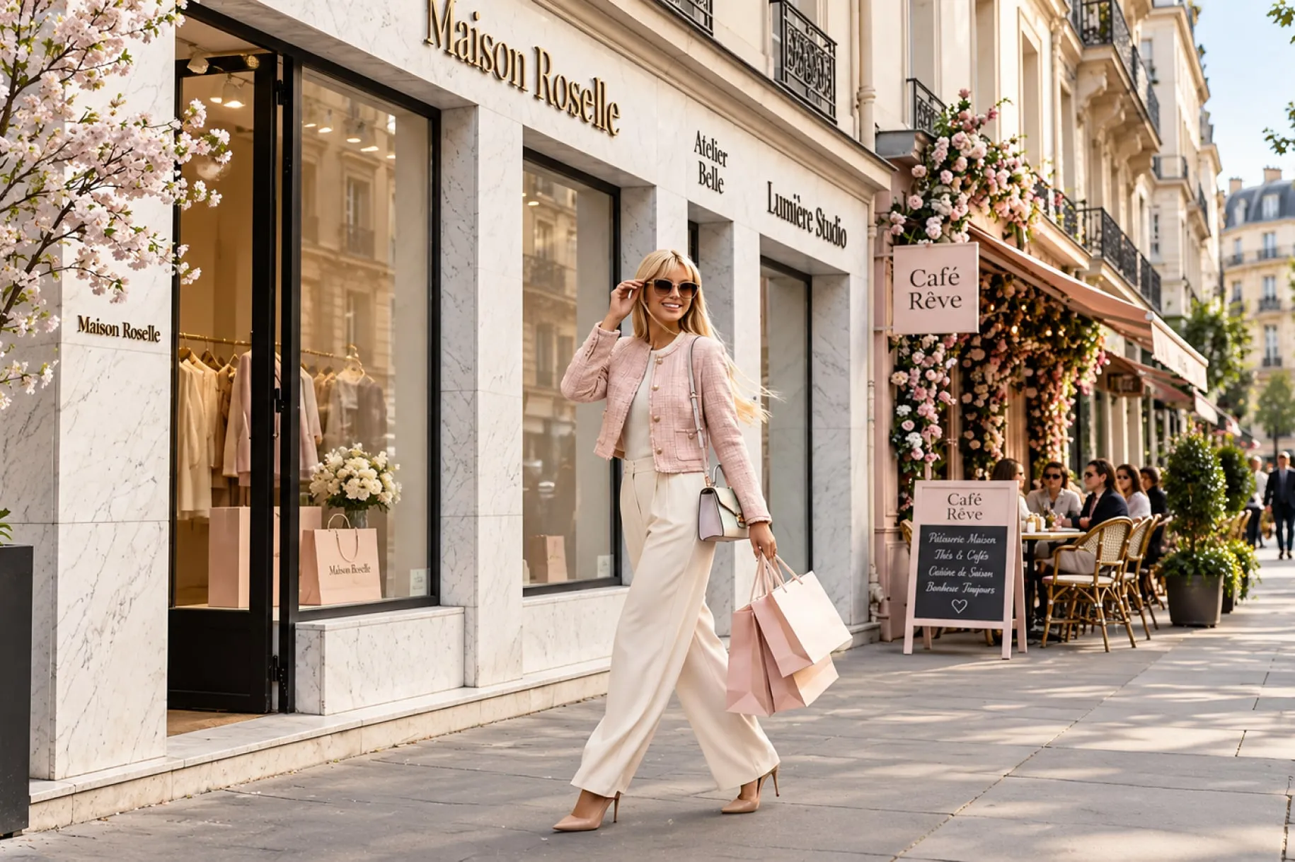 A woman with shopping bags by the windows of a boutique