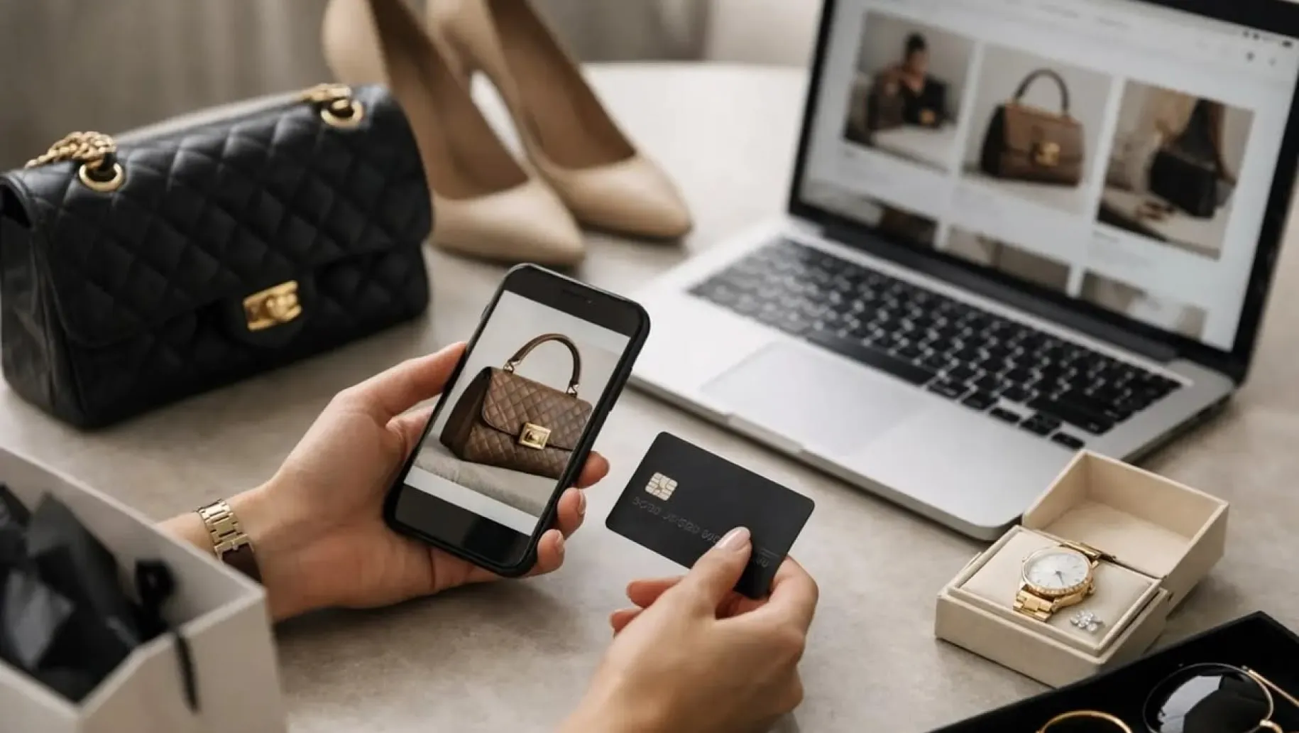 Choosing a bag on a phone next to an online store on a laptop