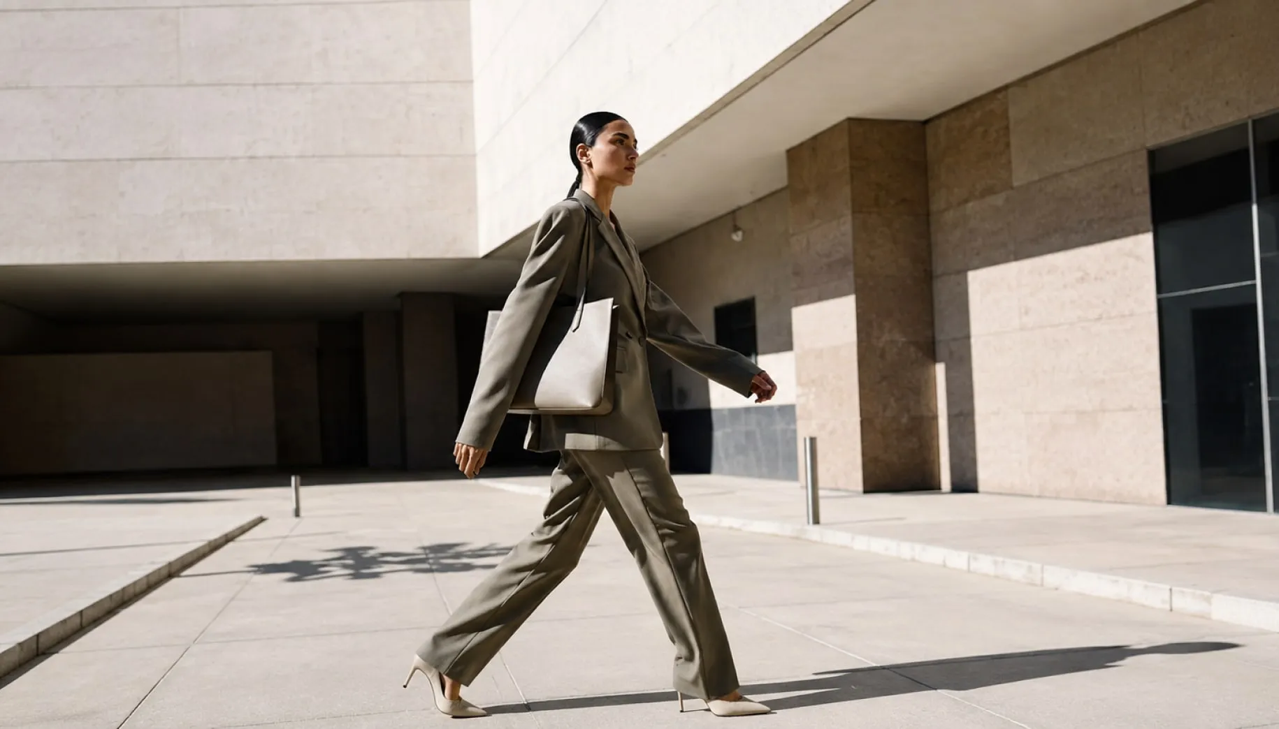A woman in a khaki suit with a bag walking past a business centre