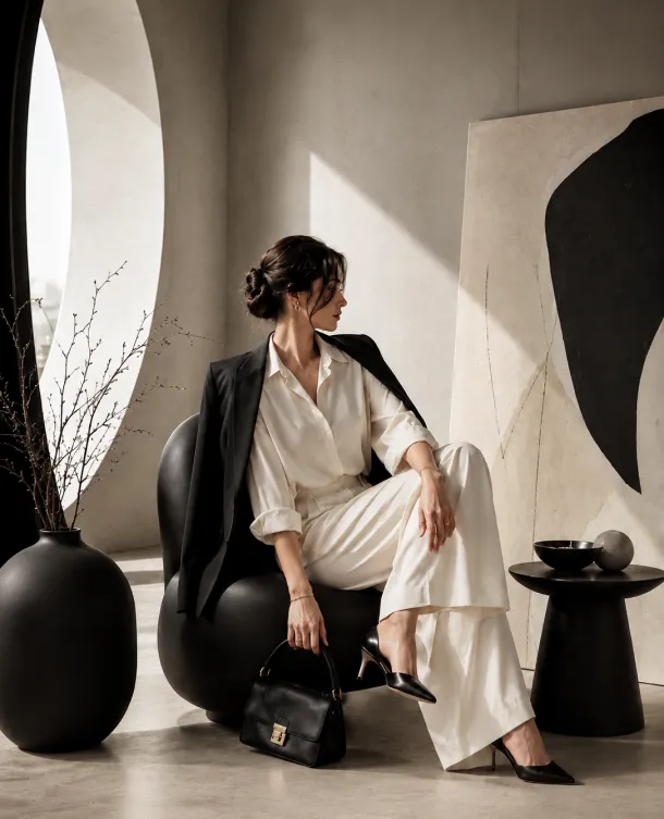 A woman in a cream suit with a black blazer and bag in a minimal interior