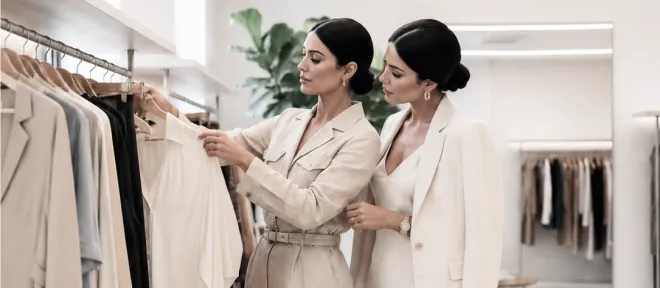A stylist and a client choosing clothes from a rail in a boutique