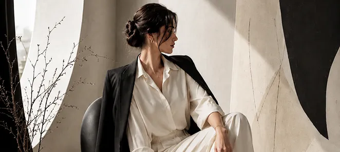 A woman in a cream shirt and trousers with a black blazer over her shoulders