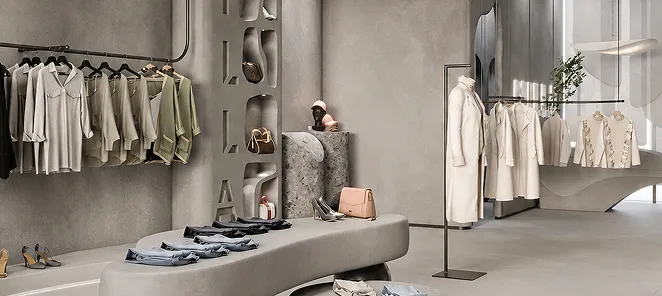 The interior of a fashion store with rails and display plinths