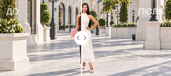 One client in two looks: a white suit with a slip dress and a brown pleated dress