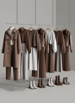 A rail of coats, knitwear and skirts in brown shades with boots beneath