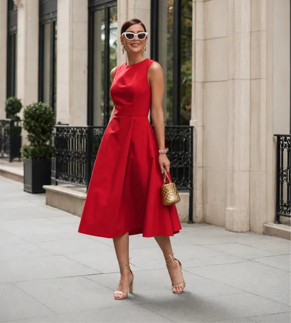 A red midi dress with gold sandals