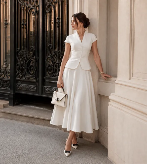 A white jacket with a midi skirt and a white bag